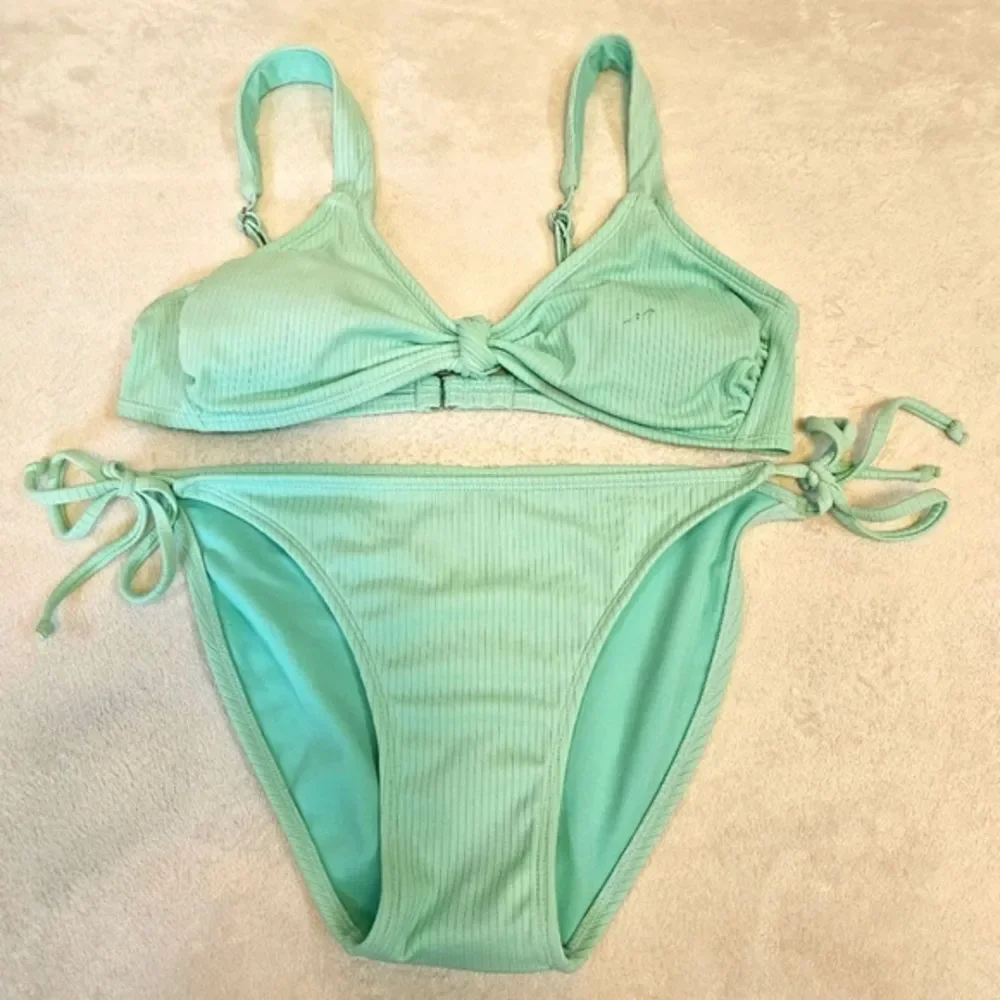 Mint Green Bikini Swimwear Set Women's Sz L Removable Pads Adjustable Tie Bottom